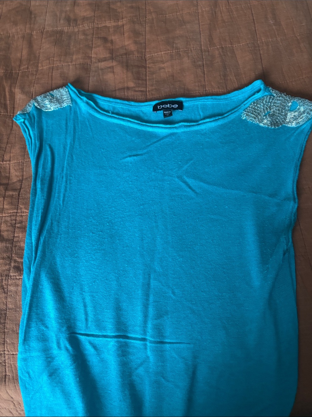 Bebe Turquoise Embellished Shoulder Women's Top